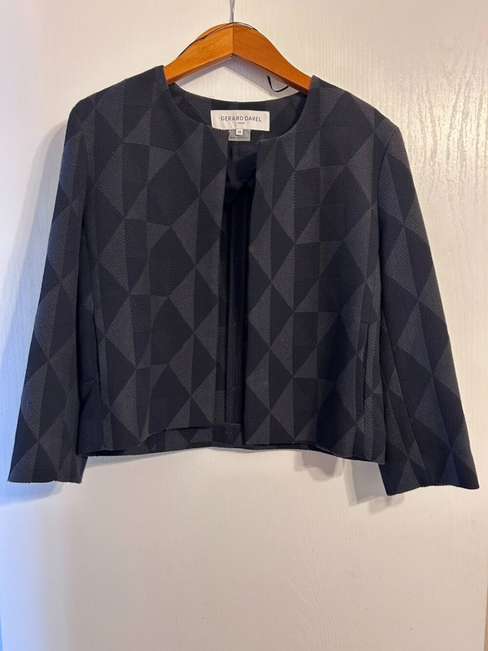 Gerard Darel Paris Textured Geometric Jacquard Open Front Cropped Jacket Size 38
